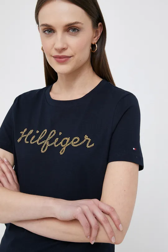 tmavomodrá Bavlnené tričko Tommy Hilfiger Dámsky