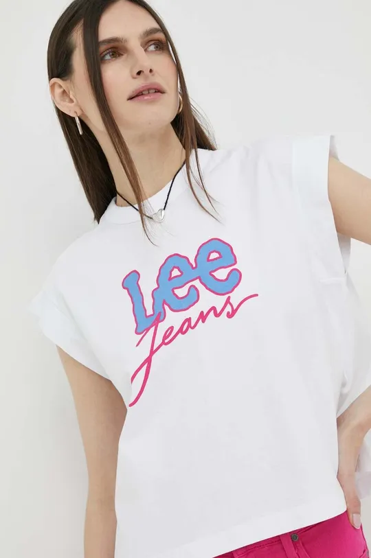 bela Bombažna kratka majica Lee Ženski