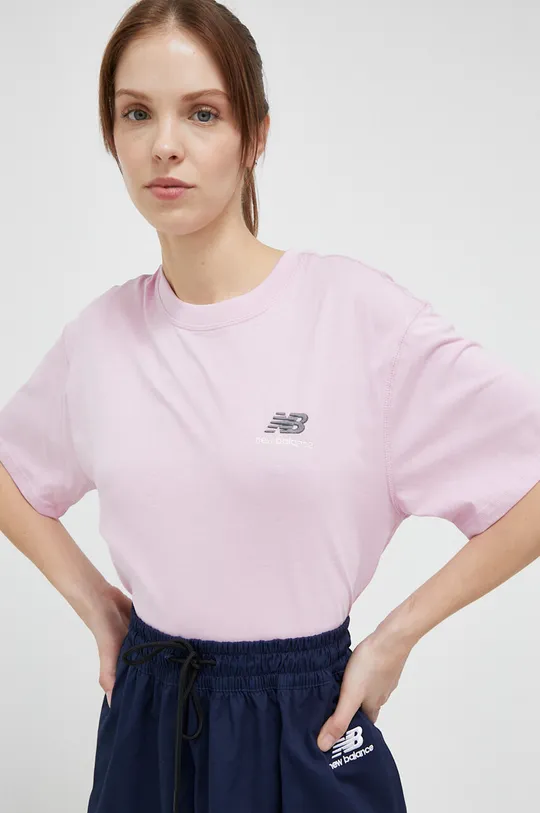 różowy New Balance t-shirt bawełniany Damski