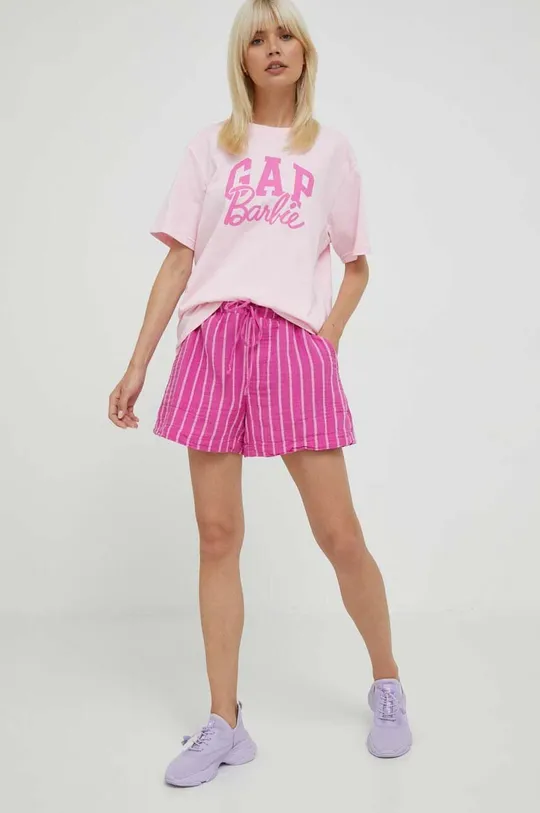 Βαμβακερό μπλουζάκι GAP x Barbie ροζ
