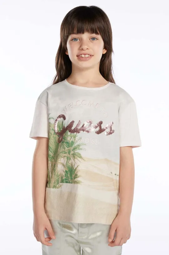 beżowy Guess t-shirt bawełniany dziecięcy Dziewczęcy