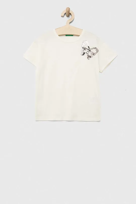 beżowy United Colors of Benetton t-shirt bawełniany dziecięcy Dziewczęcy