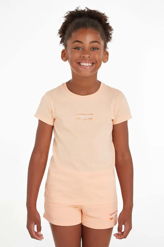 оранжевый Детская хлопковая футболка Calvin Klein Jeans Для девочек