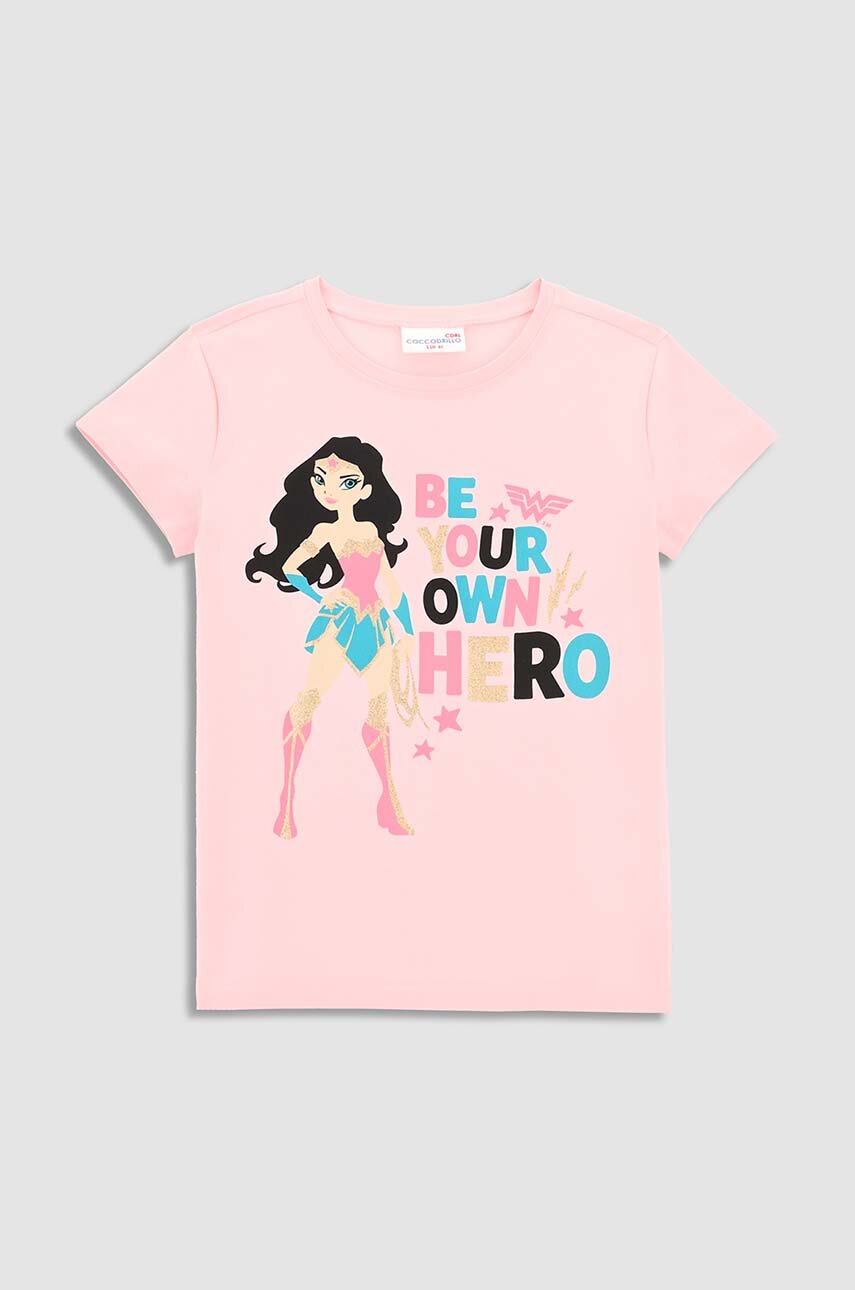 różowy Coccodrillo t-shirt dziecięcy x Wonder Woman Dziewczęcy