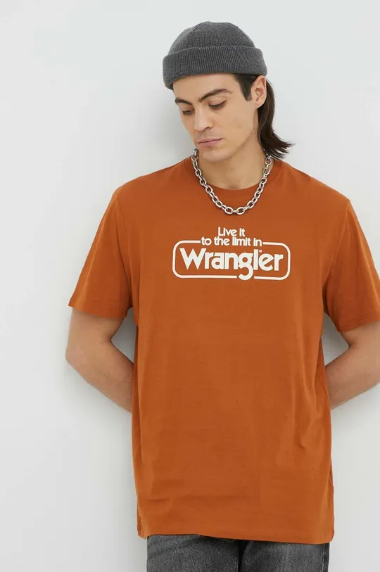 Βαμβακερό μπλουζάκι Wrangler καφέ