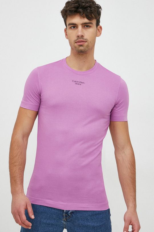 purpurowy Calvin Klein Jeans t-shirt bawełniany
