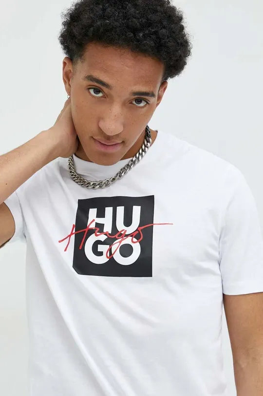 λευκό Βαμβακερό μπλουζάκι HUGO Ανδρικά