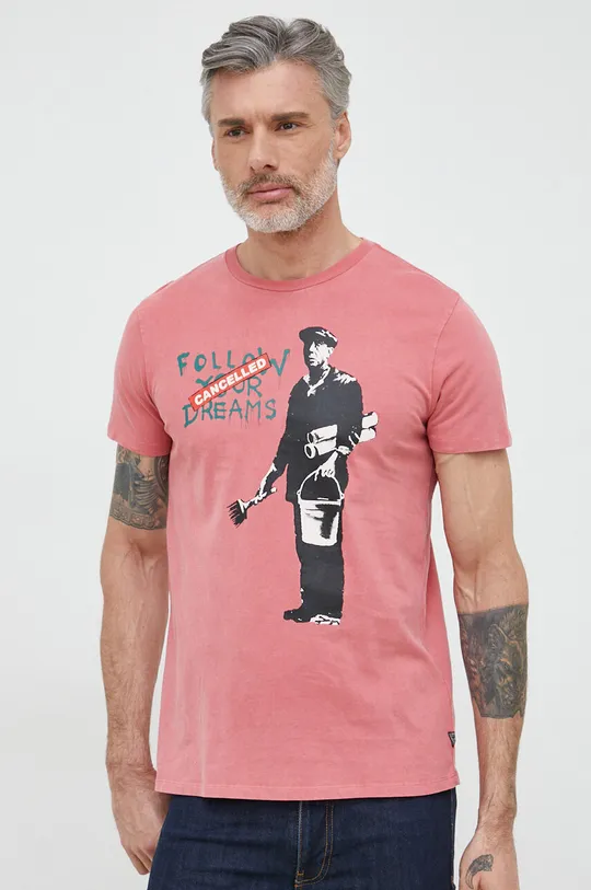 ροζ Βαμβακερό μπλουζάκι Guess x Banksy With Graffiti Ανδρικά