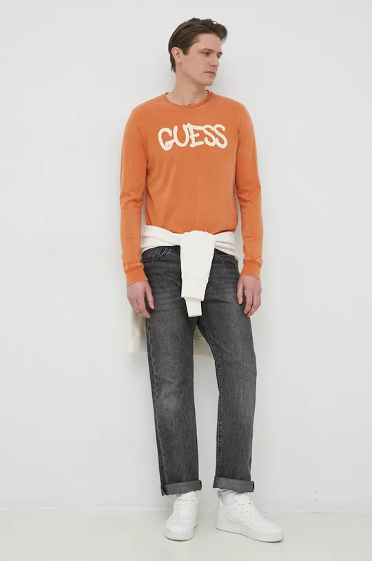 Bavlnené tričko s dlhým rukávom Guess x Brandalised oranžová