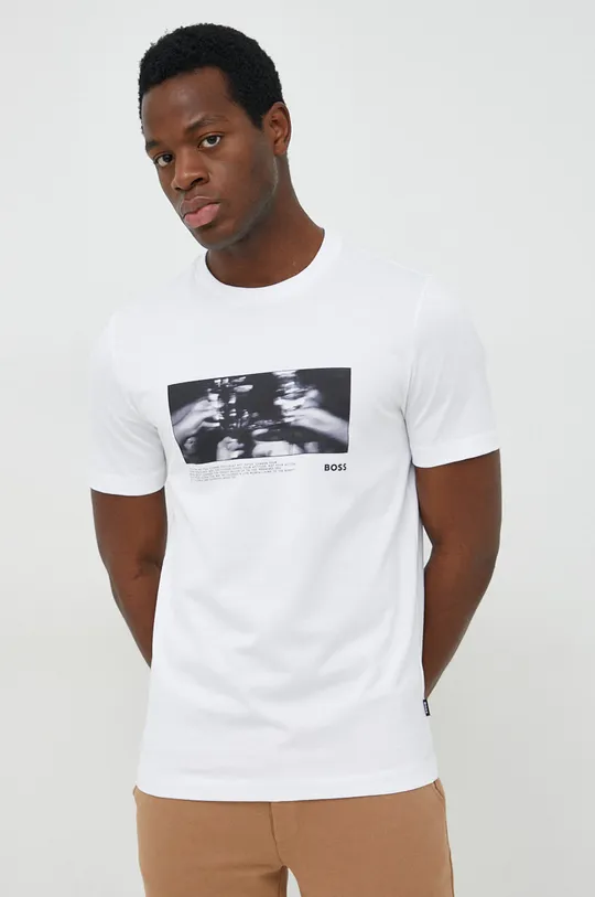 λευκό Βαμβακερό μπλουζάκι BOSS Ανδρικά