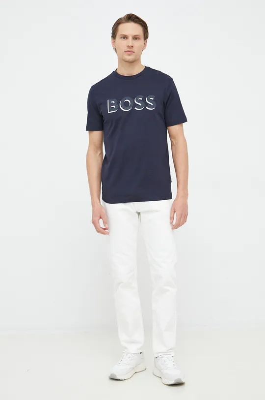 Βαμβακερό μπλουζάκι BOSS σκούρο μπλε