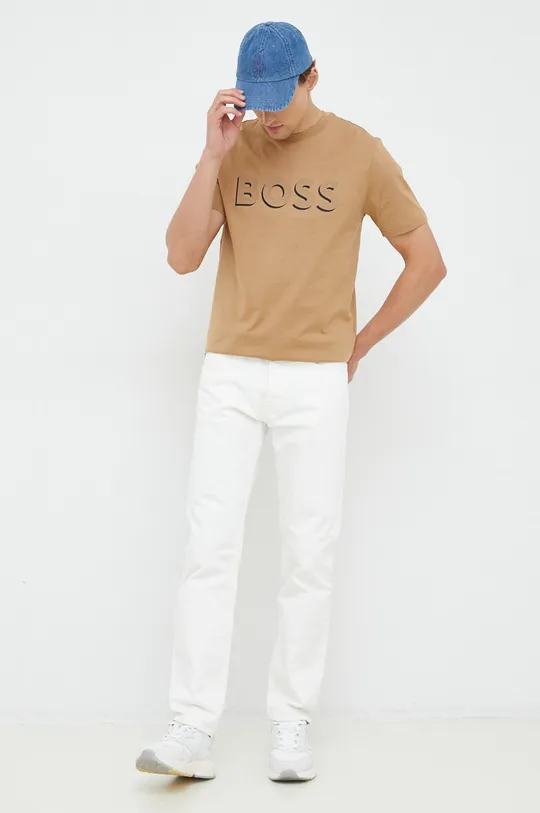 Βαμβακερό μπλουζάκι BOSS μπεζ