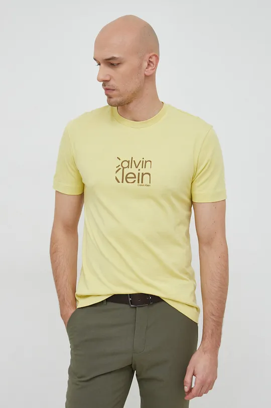 κίτρινο Βαμβακερό μπλουζάκι Calvin Klein Ανδρικά