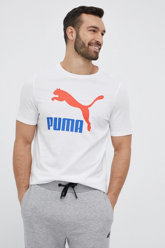 λευκό Βαμβακερό μπλουζάκι Puma Ανδρικά