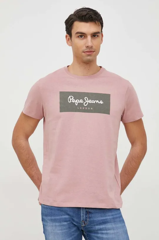 ροζ Βαμβακερό μπλουζάκι Pepe Jeans Aaron Ανδρικά