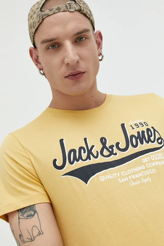 κίτρινο Βαμβακερό μπλουζάκι Jack & Jones JJELOGO Ανδρικά