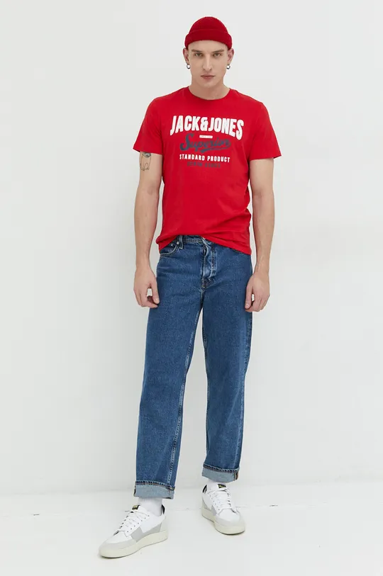 Βαμβακερό μπλουζάκι Jack & Jones JJELOGO κόκκινο