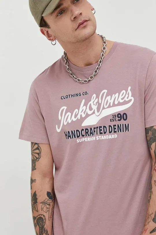 ροζ Βαμβακερό μπλουζάκι Jack & Jones JJSTAR Ανδρικά