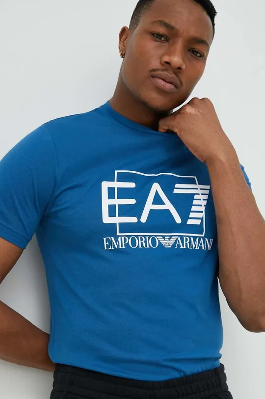 modrá Bavlněné tričko EA7 Emporio Armani Pánský