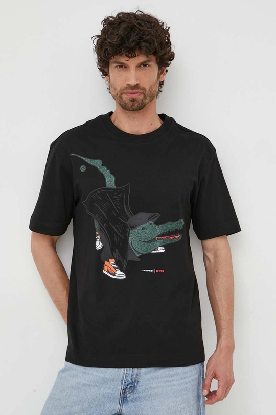 czarny Lacoste t-shirt bawełniany x Netflix Męski