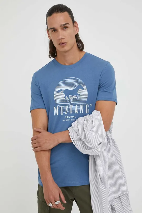 μπλε Βαμβακερό μπλουζάκι Mustang Ανδρικά