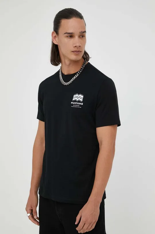 μαύρο Βαμβακερό μπλουζάκι Mustang Ανδρικά