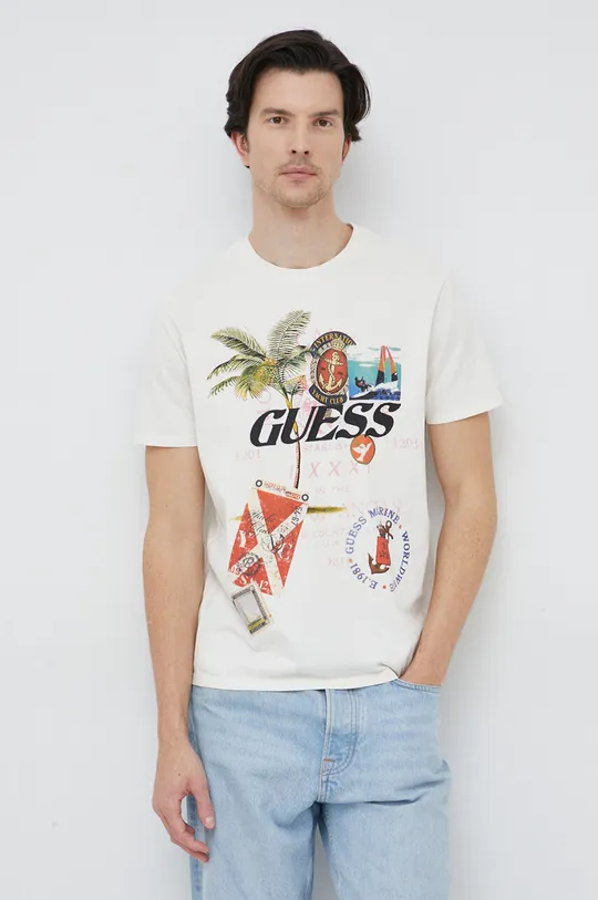kremowy Guess t-shirt bawełniany