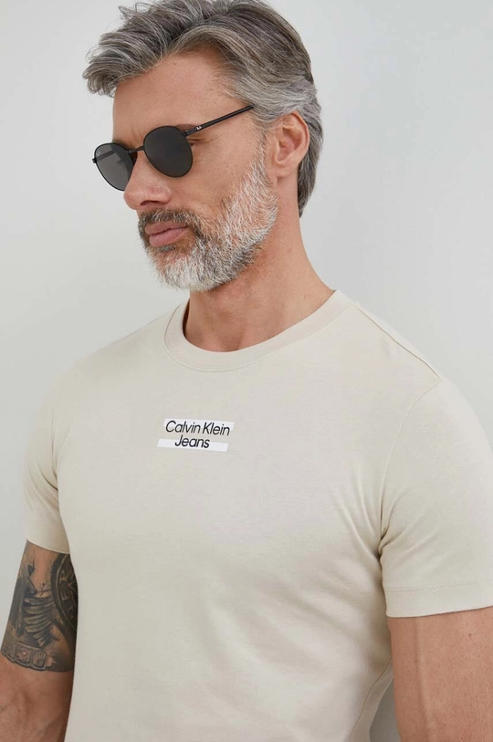 beżowy Calvin Klein Jeans t-shirt bawełniany