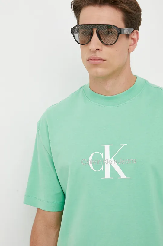 turkizna Bombažna kratka majica Calvin Klein Jeans Moški