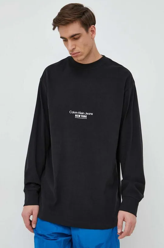 črna Bombažna majica z dolgimi rokavi Calvin Klein Jeans