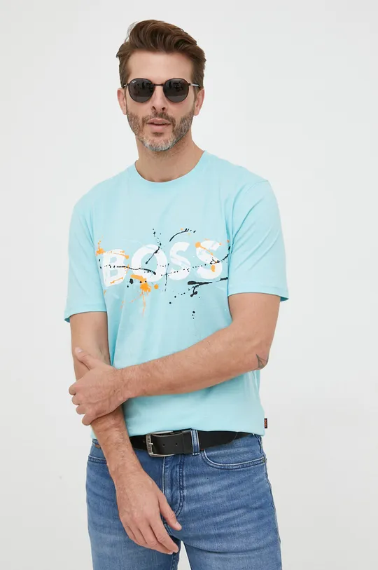 niebieski BOSS t-shirt bawełniany BOSS ORANGE Męski