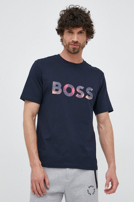 granatowy BOSS t-shirt bawełniany BOSS ORANGE Męski