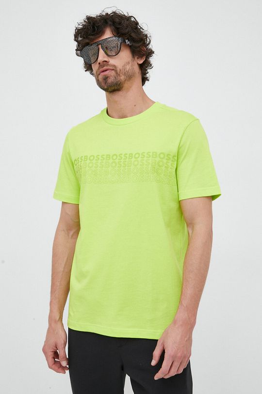 žlutě zelená Bavlněné tričko BOSS BOSS GREEN Pánský