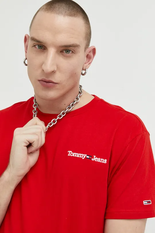 κόκκινο Βαμβακερό μπλουζάκι Tommy Jeans Ανδρικά