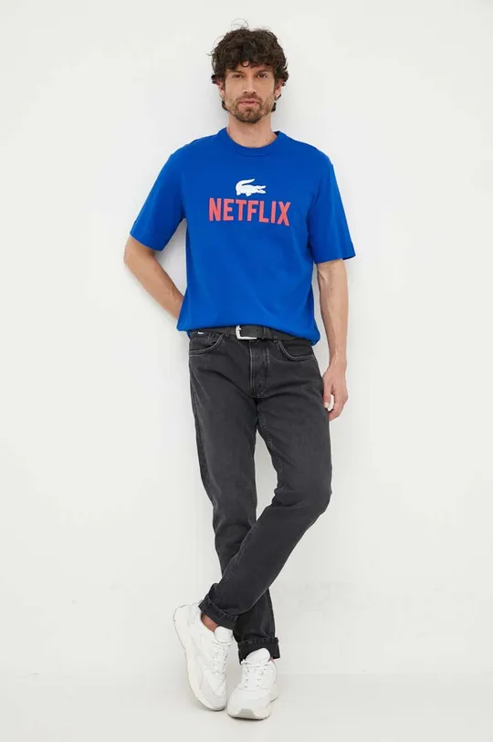 Bombažna kratka majica Lacoste x Netflix modra