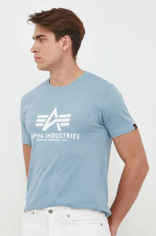 голубой Хлопковая футболка Alpha Industries Мужской