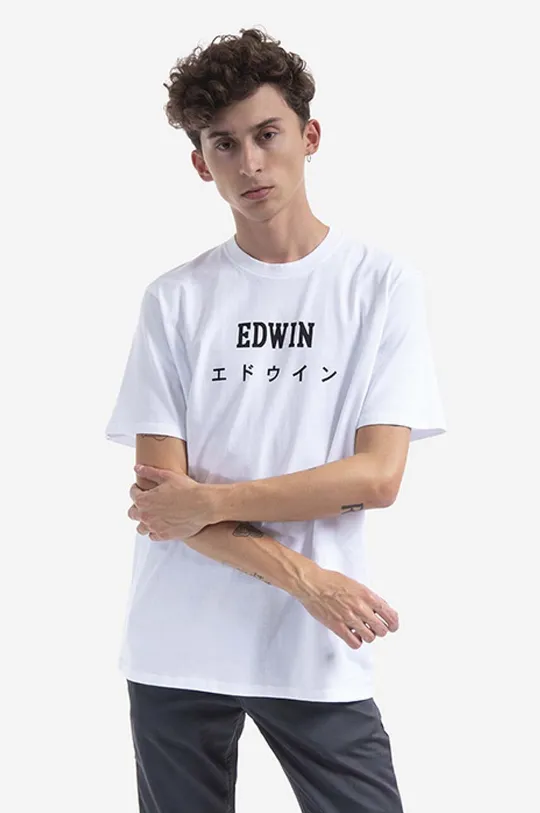 белый Хлопковая футболка Edwin Single Мужской