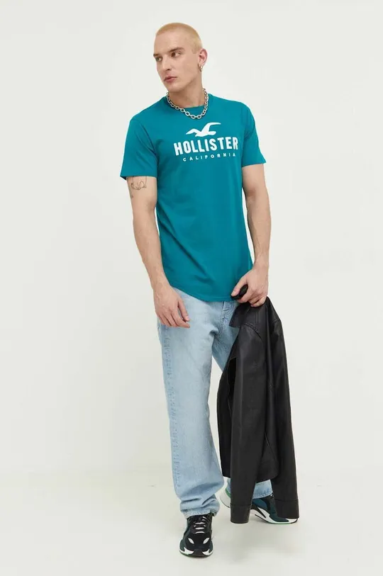 Βαμβακερό μπλουζάκι Hollister Co. τιρκουάζ
