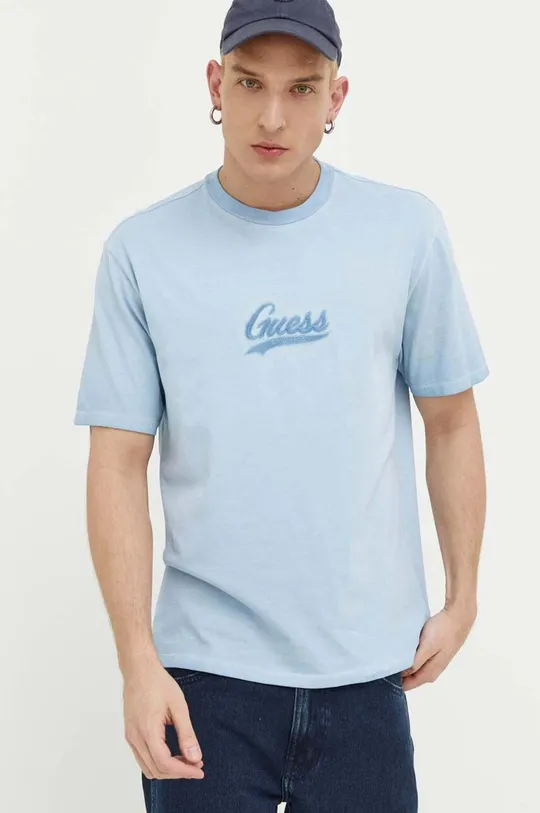 Хлопковая футболка Guess Originals голубой
