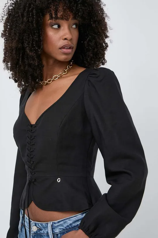 črna Bluza s primesjo lana Guess FEDERICA Ženski