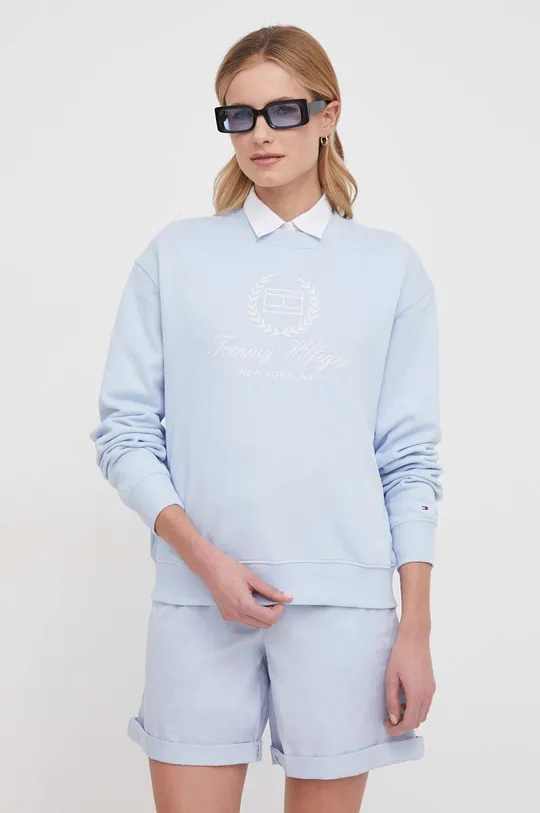 modra Bombažen pulover Tommy Hilfiger Ženski