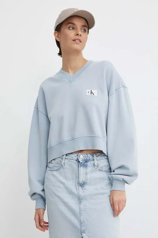 modra Bombažen pulover Calvin Klein Jeans Ženski