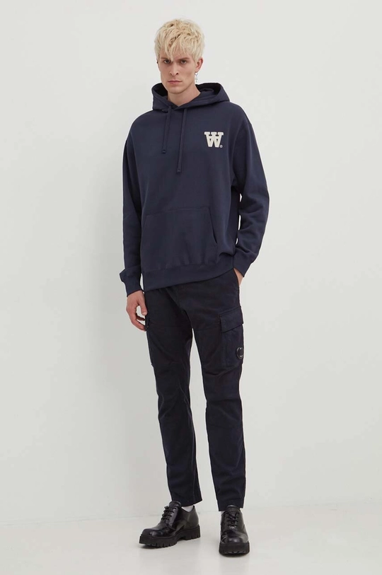 Wood Wood felpa in cotone Cass AA Moss Embroidery Hoodie blu navy