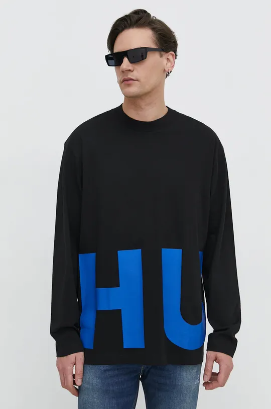 čierna Bavlnené tričko s dlhým rukávom Hugo Blue Pánsky