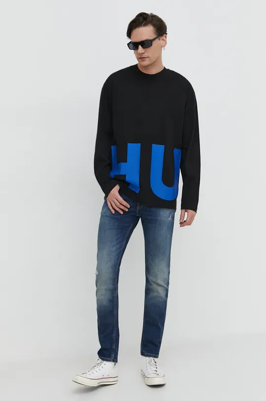 Bombažna majica z dolgimi rokavi Hugo Blue črna