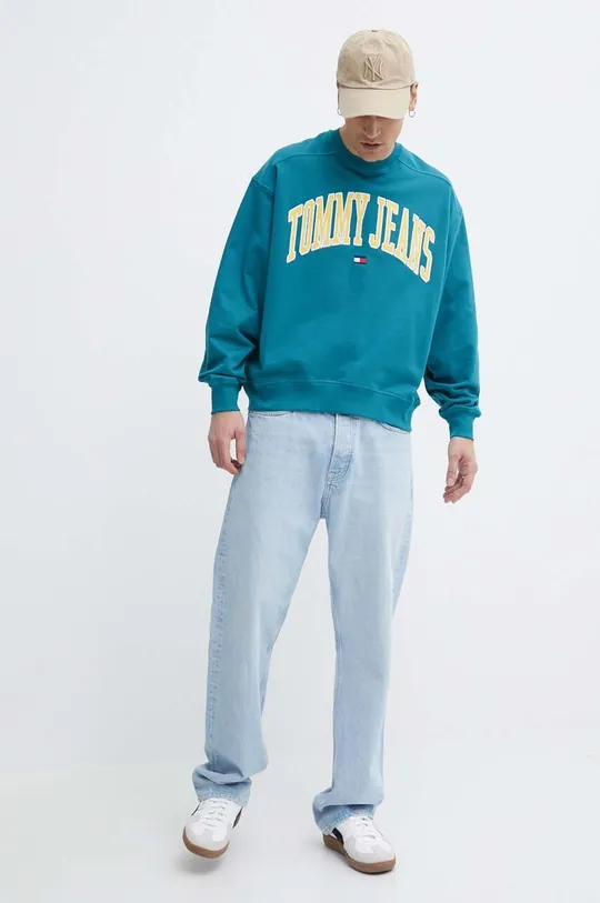 Bombažen pulover Tommy Jeans turkizna