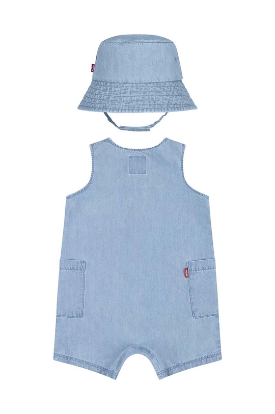 Levi's rampers bawełniany niemowlęcy LVB DENIM ROMPER & BUCKET HAT niebieski