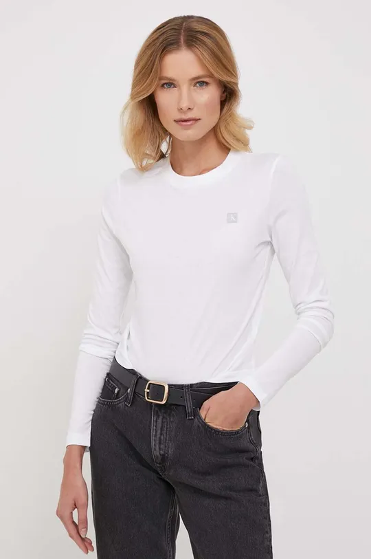 bela Bombažna majica z dolgimi rokavi Calvin Klein Jeans