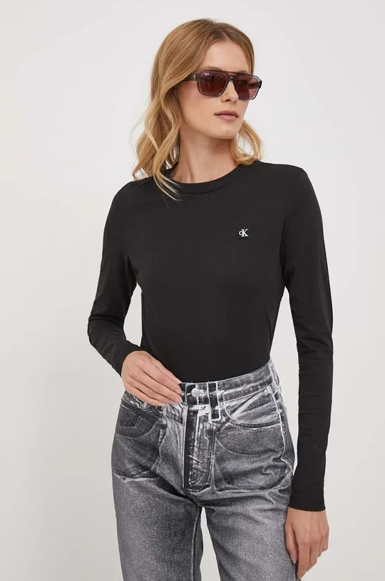 čierna Bavlnené tričko s dlhým rukávom Calvin Klein Jeans Dámsky