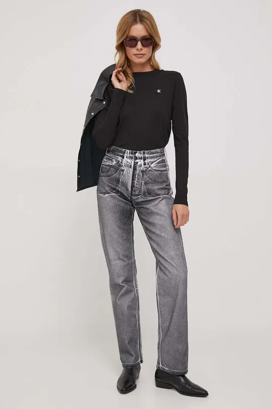 Bombažna majica z dolgimi rokavi Calvin Klein Jeans črna